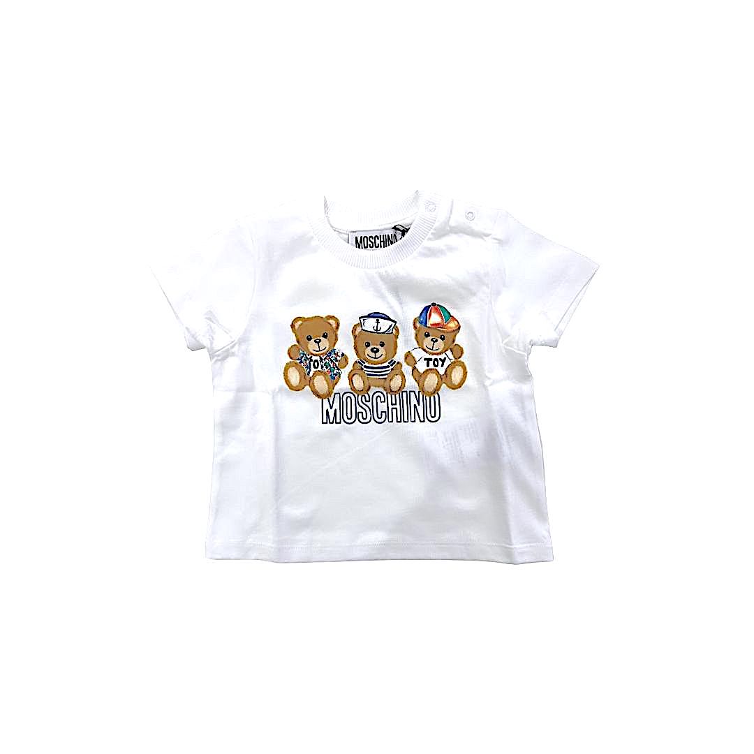T-shirt neonato bianca con stampa tre orsetti MOSCHINO