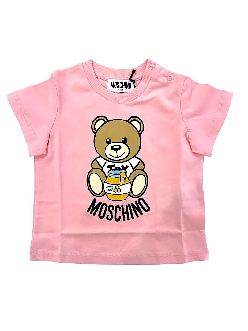 T-shirt neonata rosa con stampa orso con miele MOSCHINO