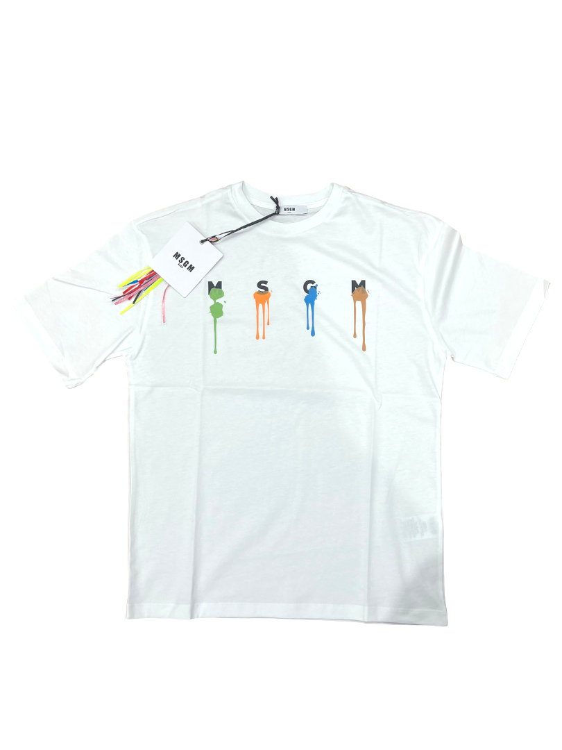 T-shirt bianca con macchie di colore e scritta MSGM