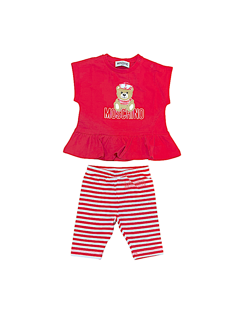Completo neonato t-shirt orsetto e shorts a righe rosso MOSCHINO