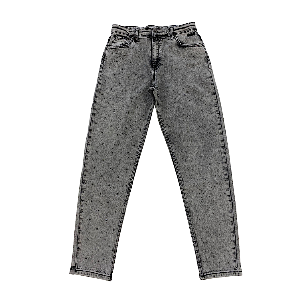 Jeans grigio stretto con strass MSGM
