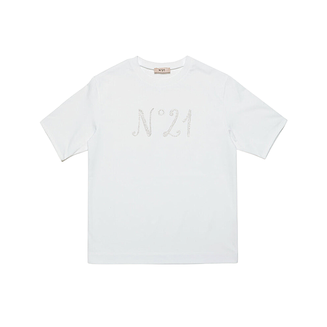 T-shirt bianca logo con strass N21