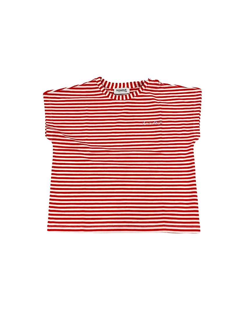 T-shirt a righe rosse logo di strass DONDUP