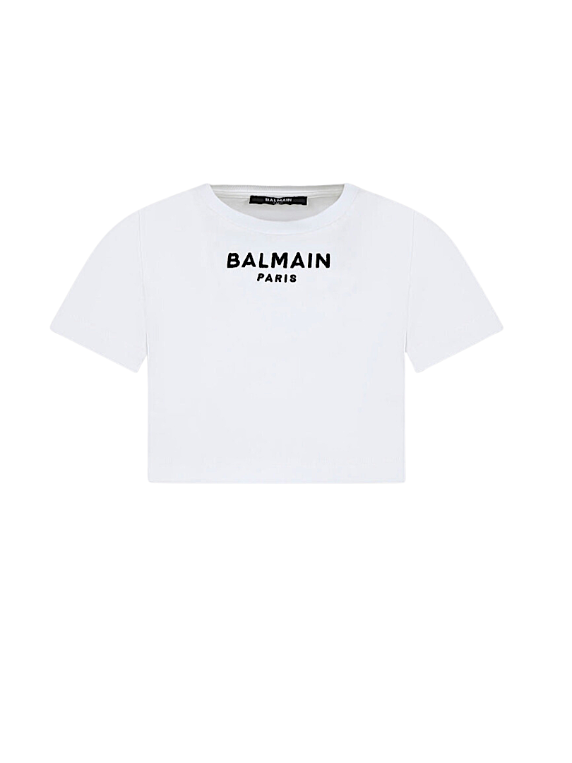 T-shirt crop bianca logo BALMAIN
